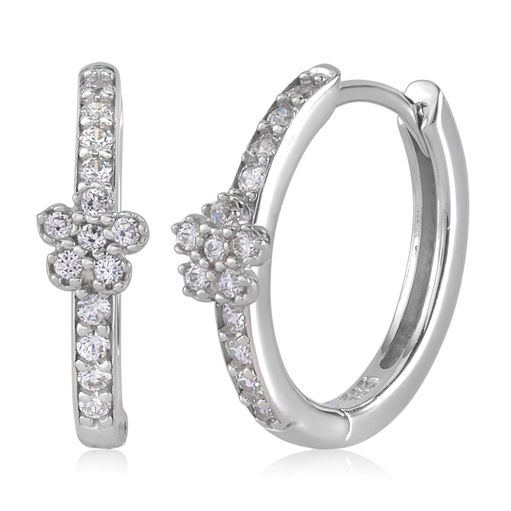 Flower Huggie Earrings in 14k White Gold with CZ Pink or Blue