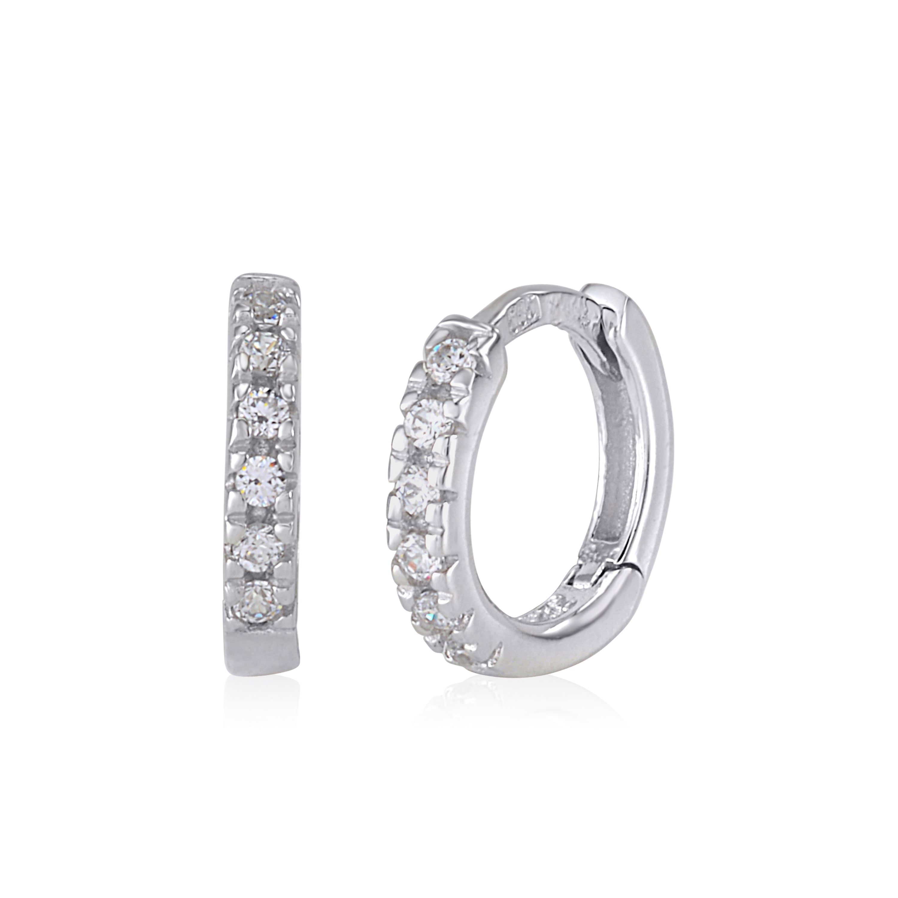 UNICORNJ 14K White Gold Round Hoop Huggie Earrings Small with CZ's 10mm Italy