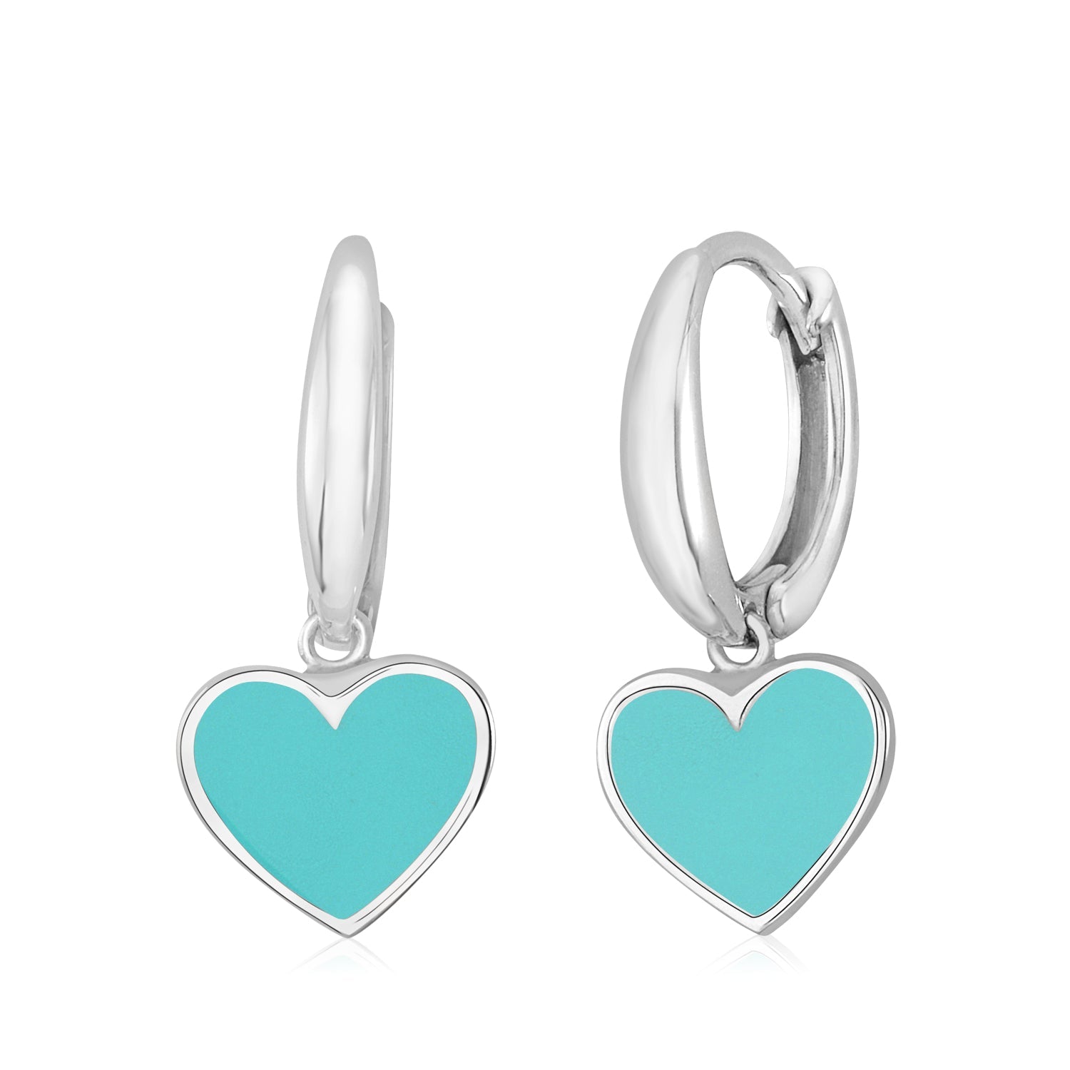 14K White or Yellow Gold Large Heart Dangle Leverback Earrings with Light Blue Light Pink and Dark Pink Enamel