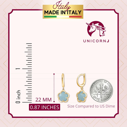 14K Yellow Gold Leverback Dangle Flower Earrings with Flower Shape Milky Aquamarine Cabochon Italy