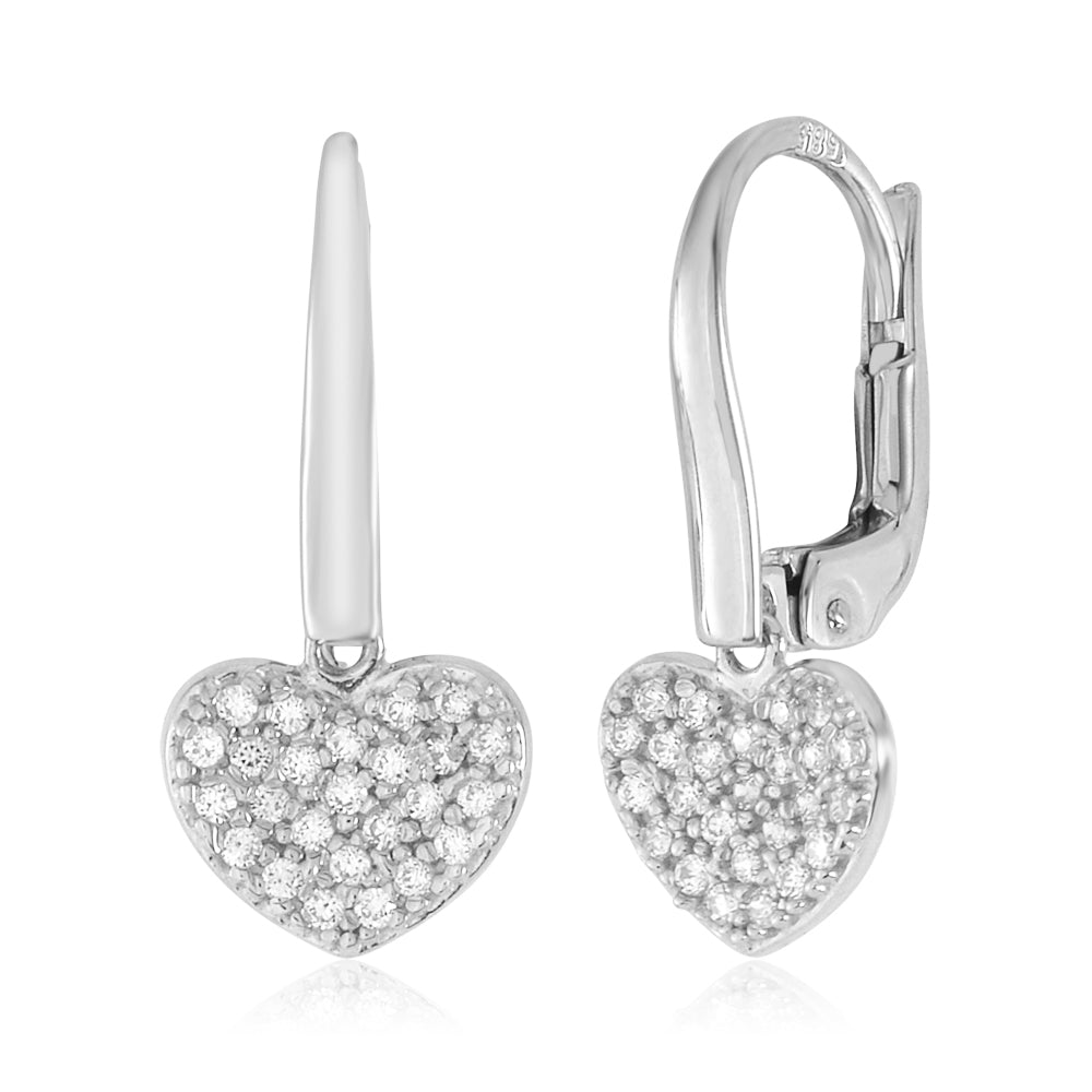 Heart Leverback Earrings in 14k Gold Yellow White Red or Rose with CZ Pave