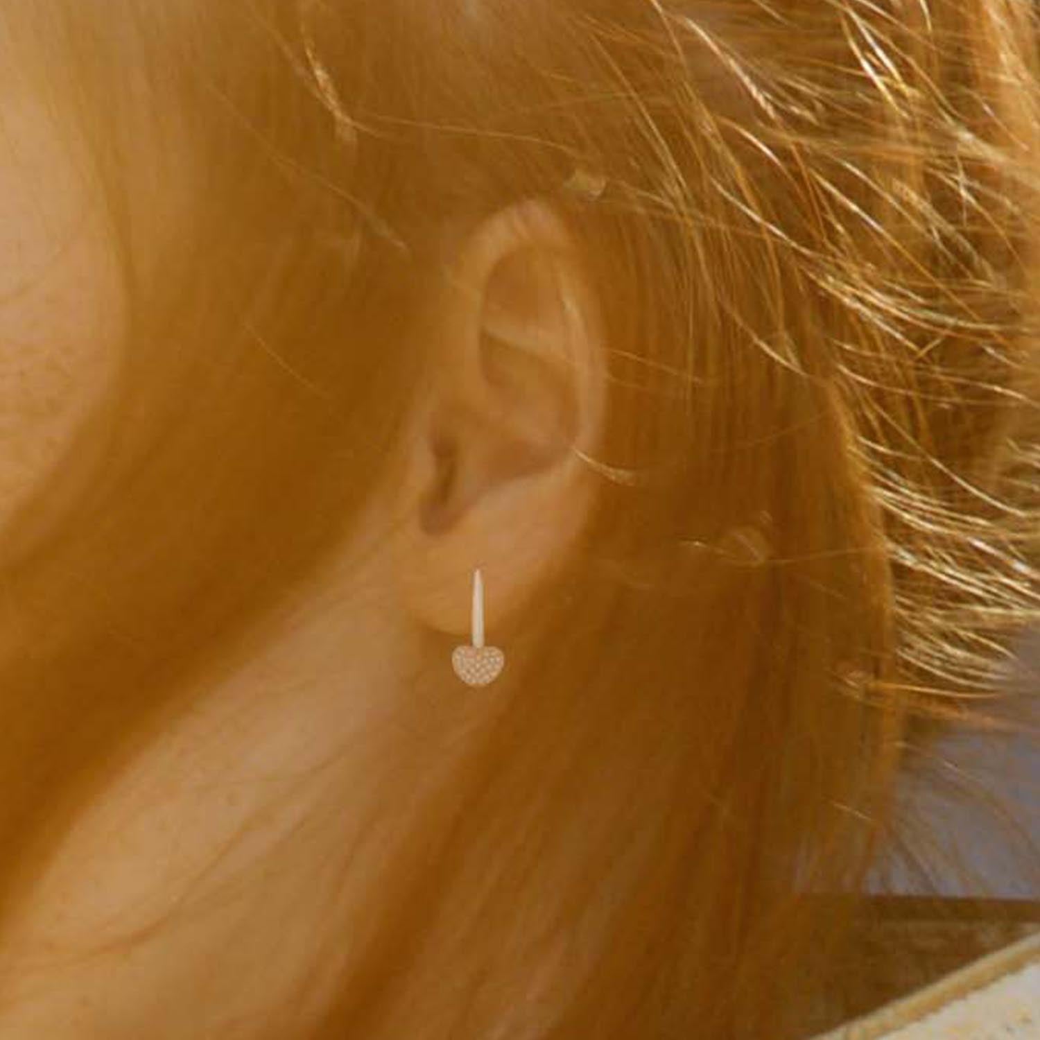 Heart Leverback Earrings in 14k Gold Yellow White Red or Rose with CZ Pave