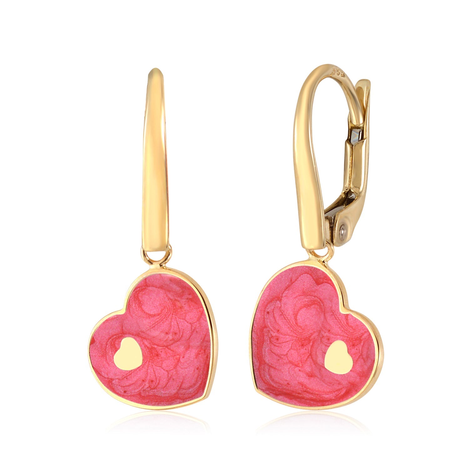 14K Yellow or White Gold Marbled Enamel Sideways Heart on Heart Dangle Leverback Earrings