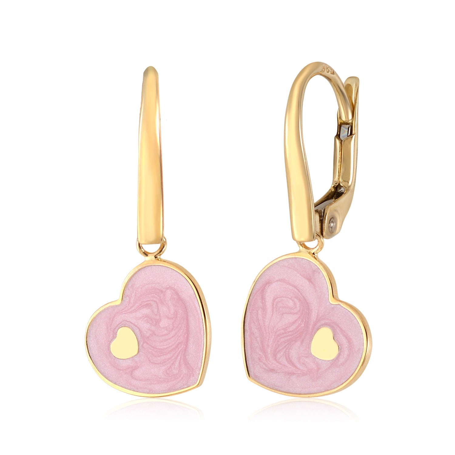 14K Yellow or White Gold Marbled Enamel Sideways Heart on Heart Dangle Leverback Earrings