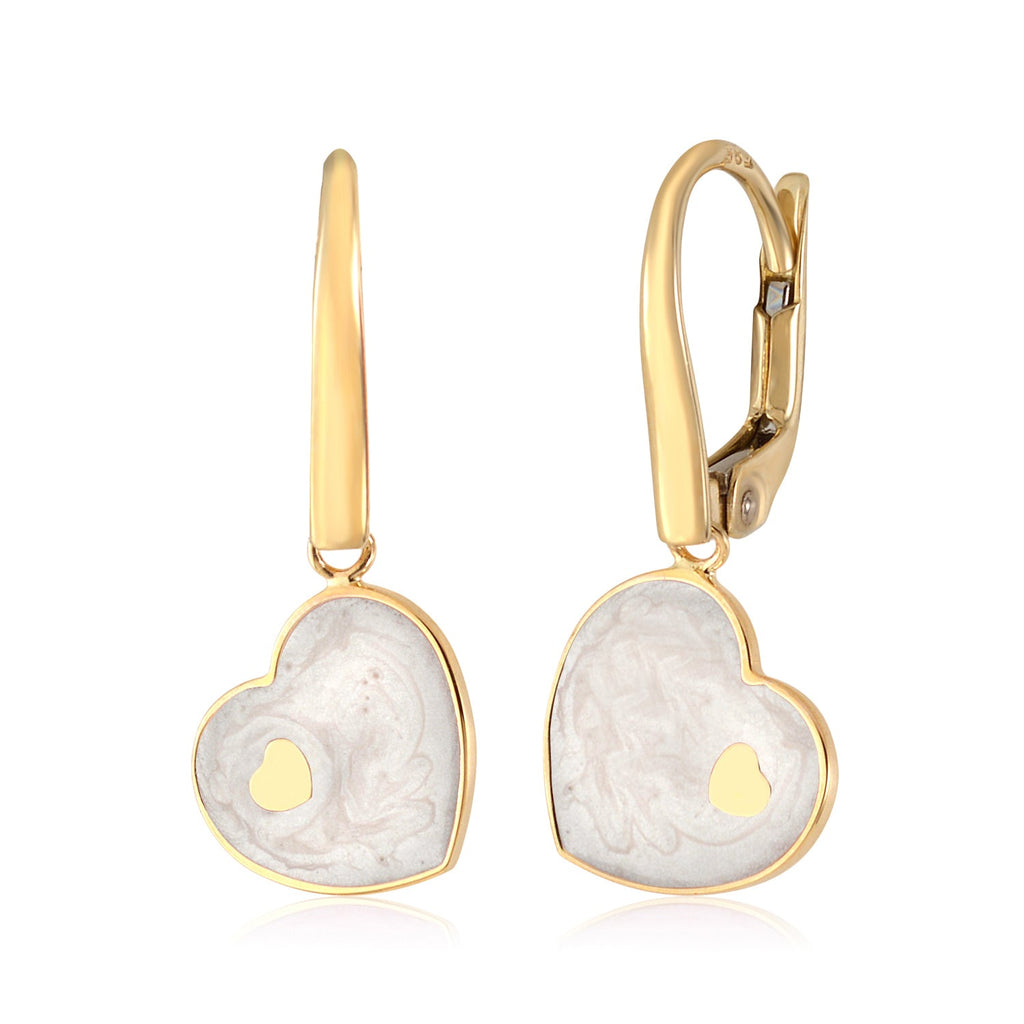 14K Yellow or White Gold Marbled Enamel Sideways Heart on Heart Dangle Leverback Earrings