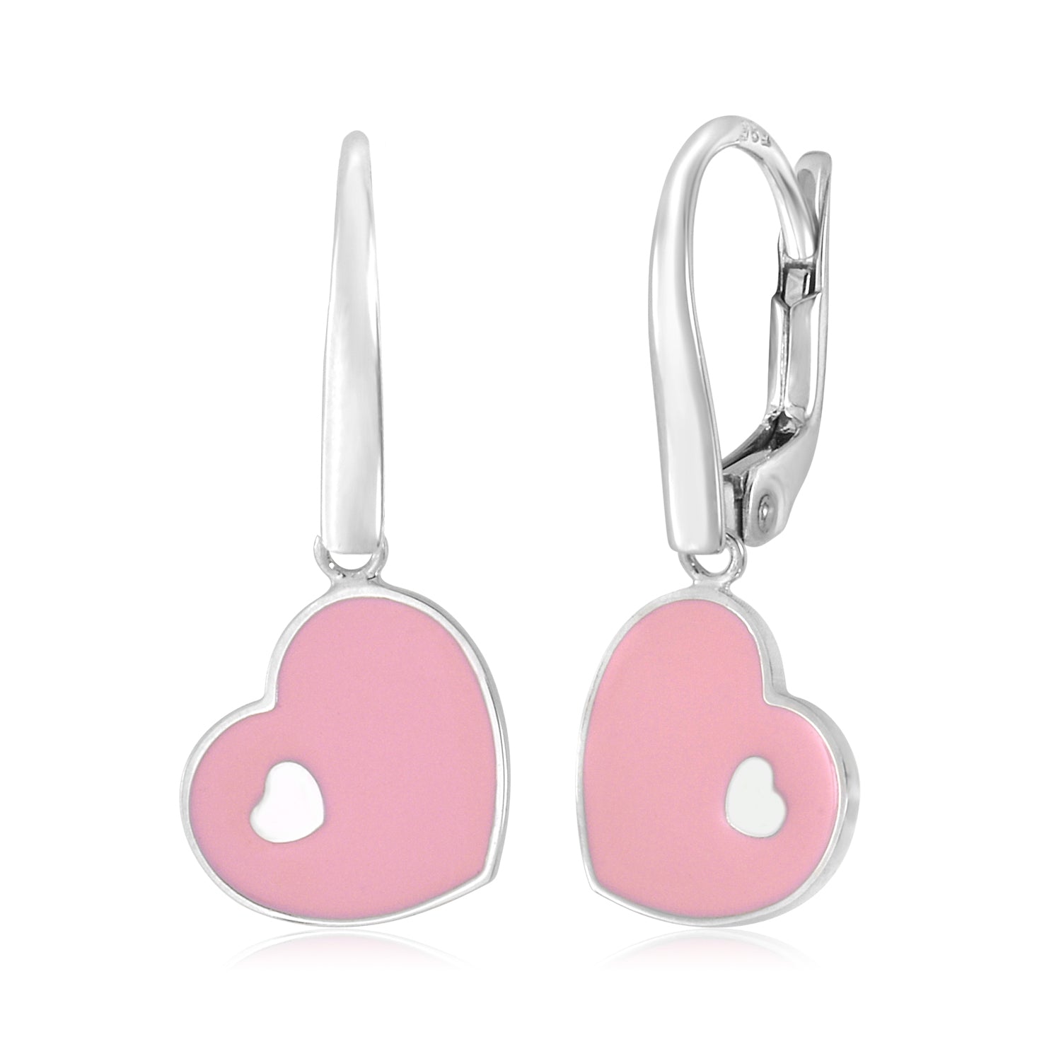 14K Yellow or White Gold Marbled Enamel Sideways Heart on Heart Dangle Leverback Earrings