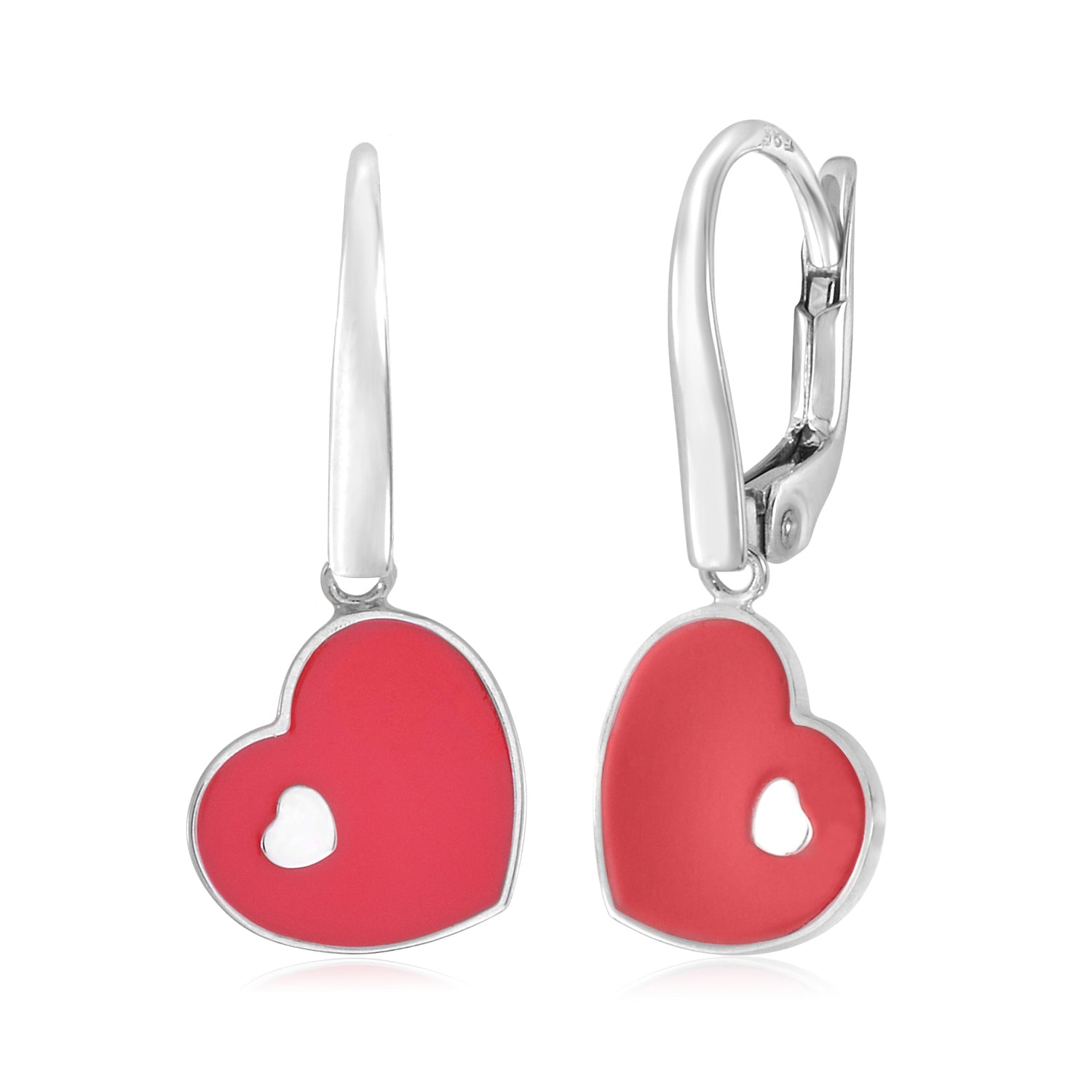 14K Yellow or White Gold Marbled Enamel Sideways Heart on Heart Dangle Leverback Earrings