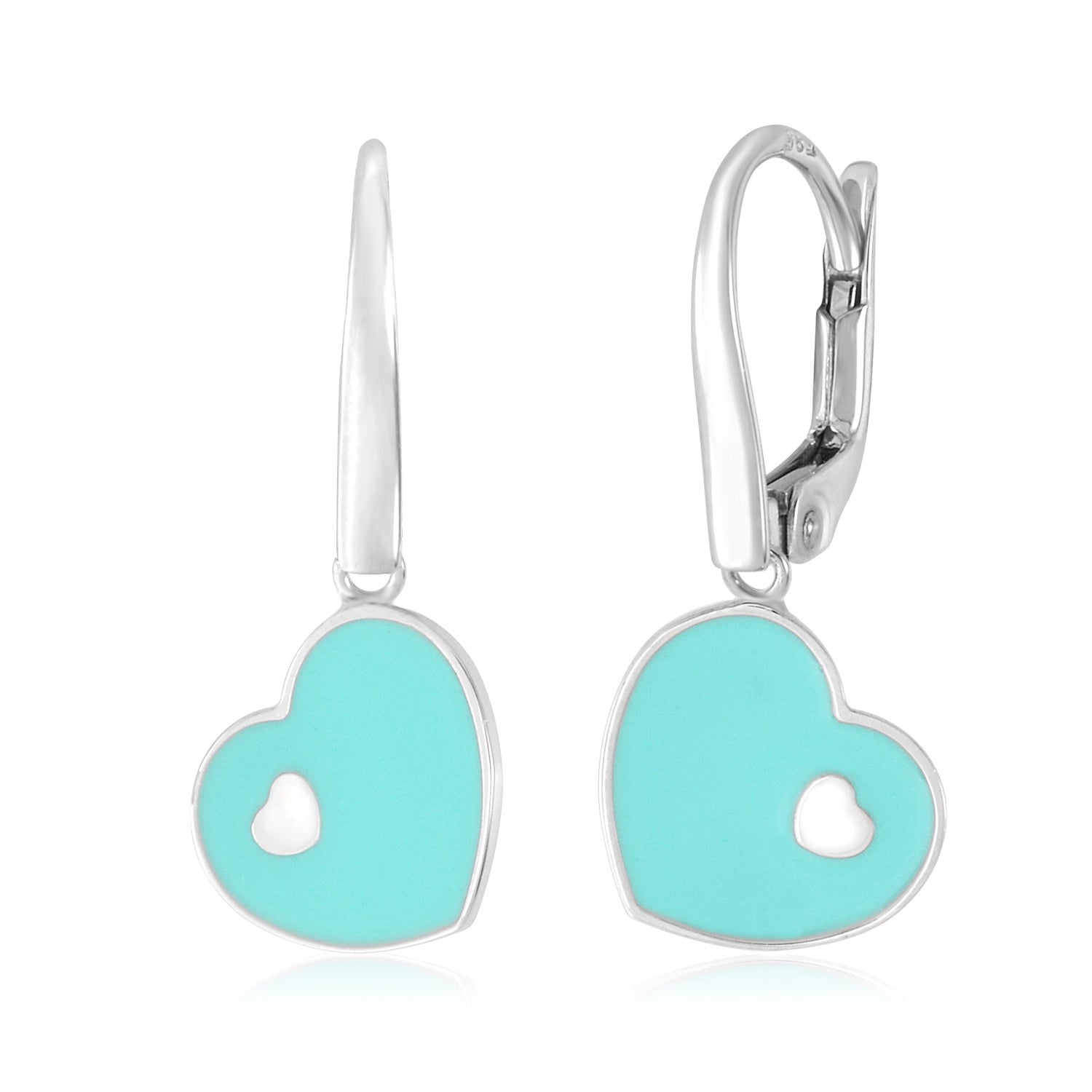 14K Yellow or White Gold Marbled Enamel Sideways Heart on Heart Dangle Leverback Earrings