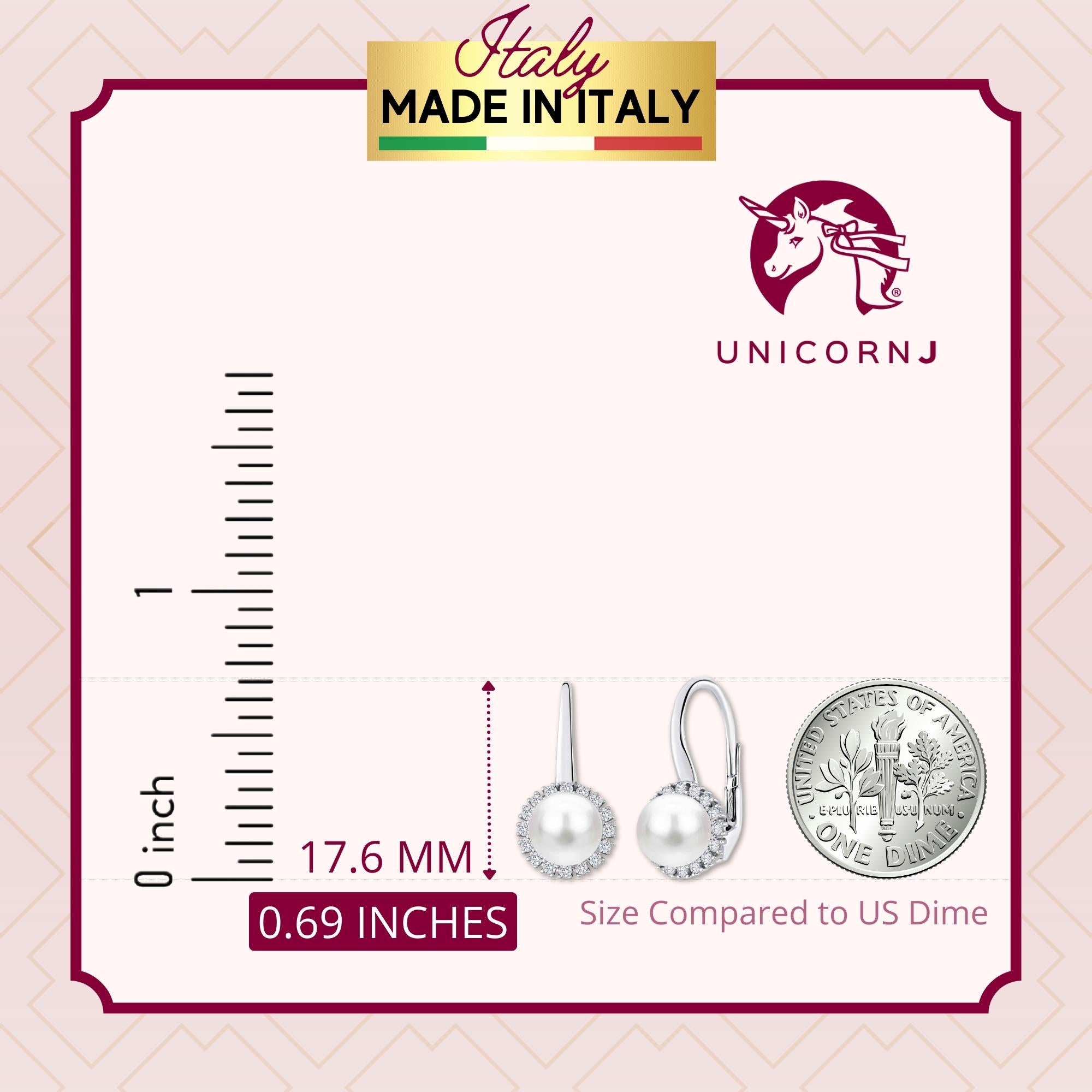 UNICORNJ 14K White Gold CZ Halo Leverback Earrings with Freshwater Cultured Pearl Italy