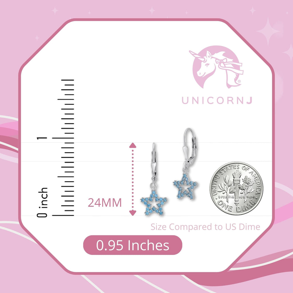UNICORNJ Sterling Silver 925 Open Star Dangle Leverback Earrings with Pave Cubic Zirconia Italy