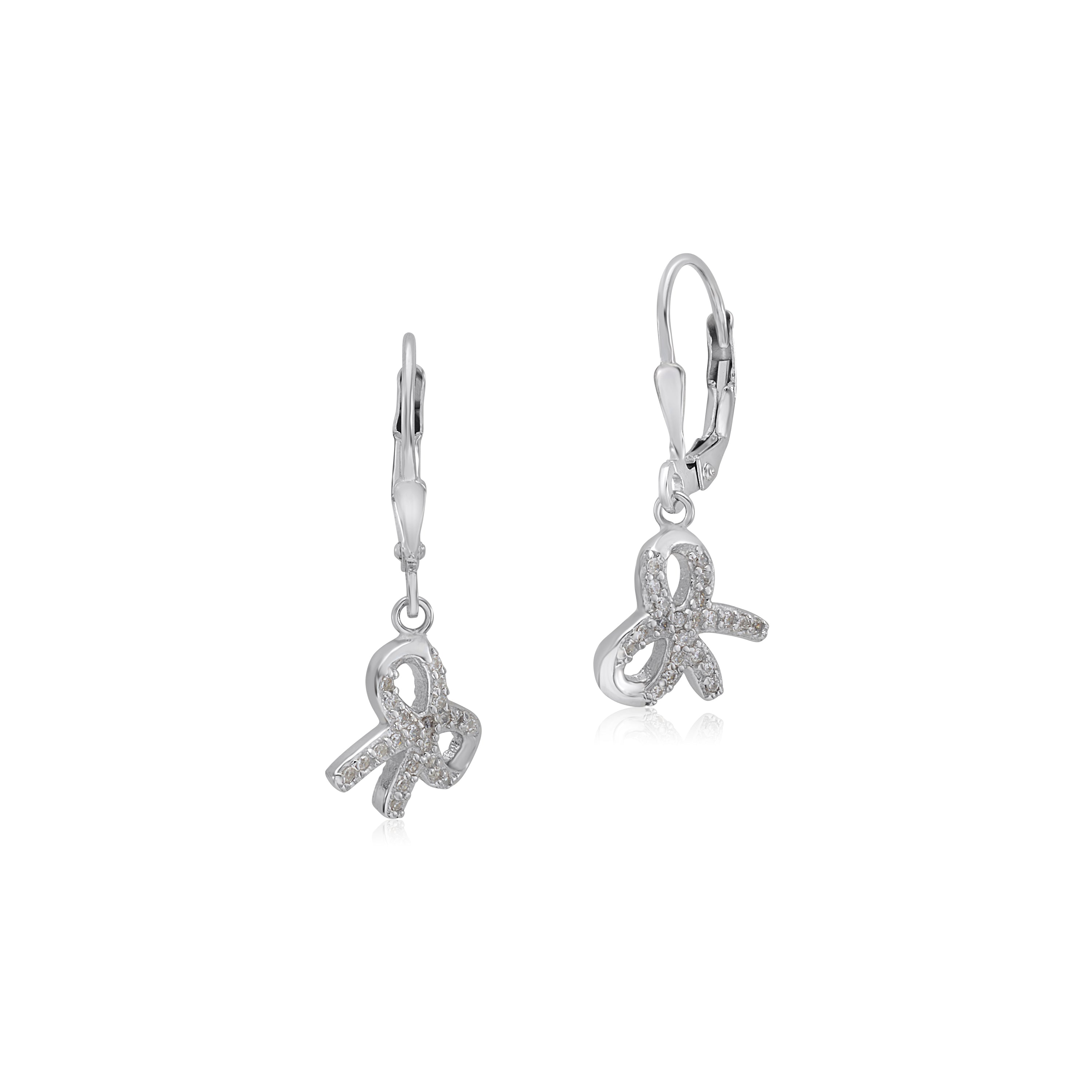 UNICORNJ Sterling Silver 925 Pink or Purple Bow Charm Dangle Leverback Earrings with Pave CZ Italy
