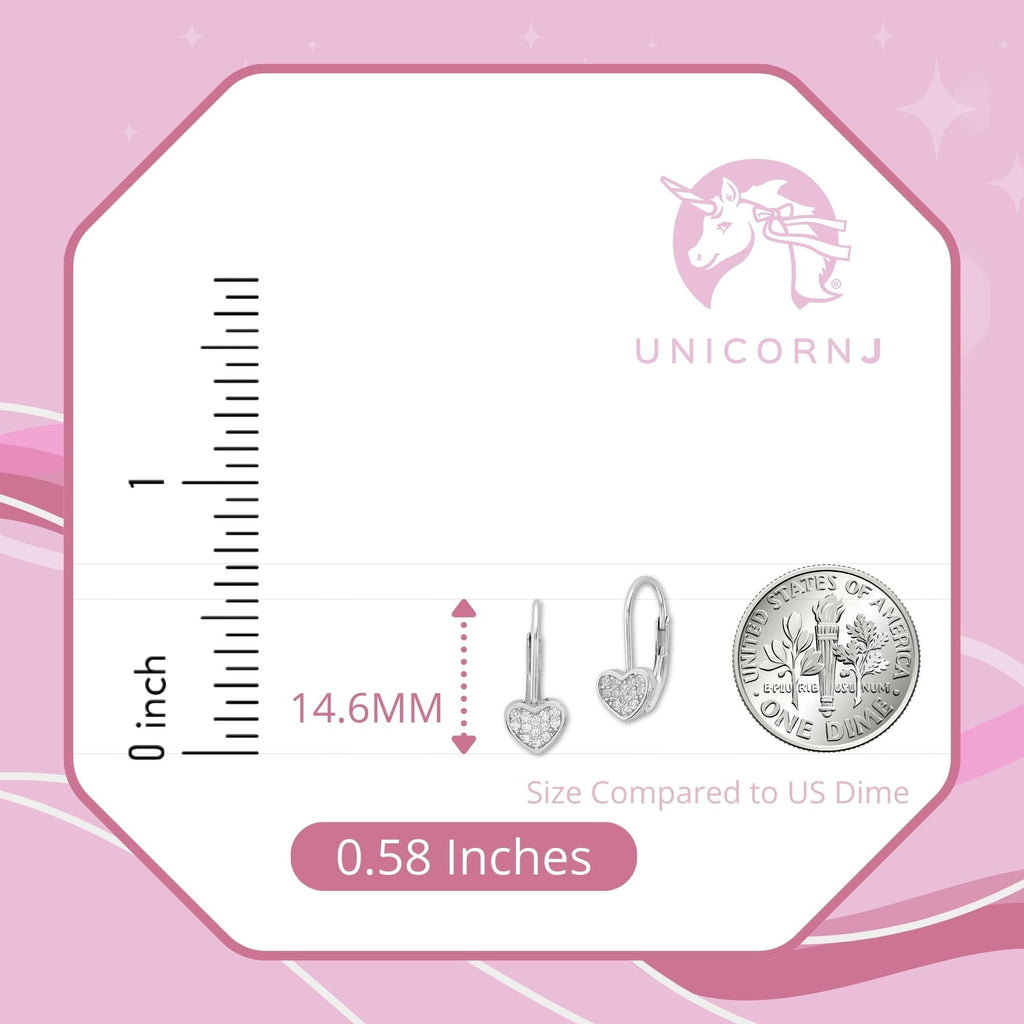 UNICORNJ Sterling Silver 925 or Dark Pink Kids Small Fixed Heart Leverback Earrings with Pave CZ Italy