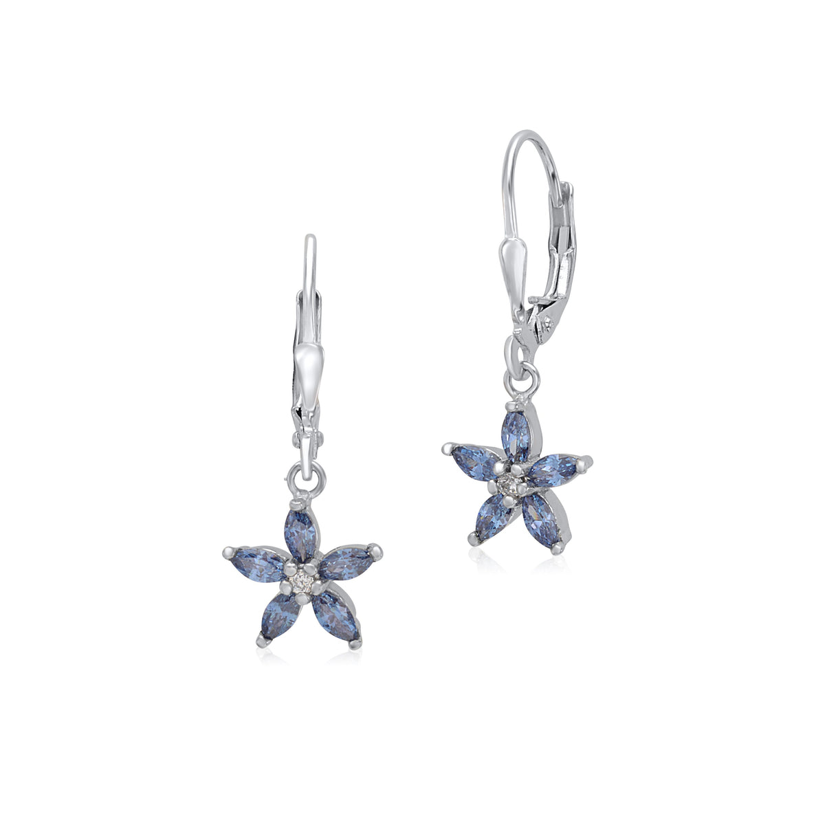 Sterling Silver 925 Leverback Earrings 5 Petal Flower with Cubic Zirconia Italy