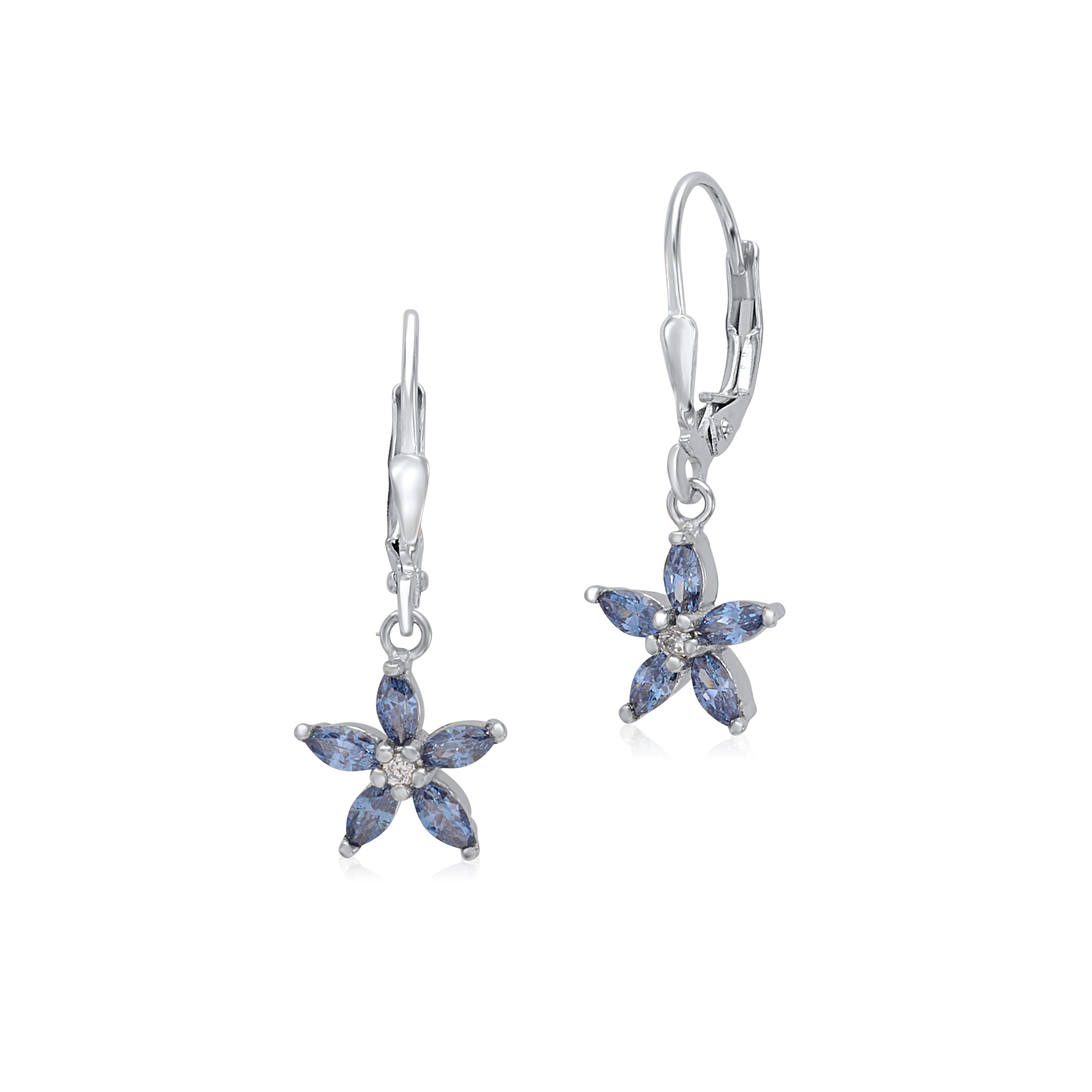 Sterling Silver 925 Leverback Earrings 5 Petal Flower with Cubic Zirconia Italy