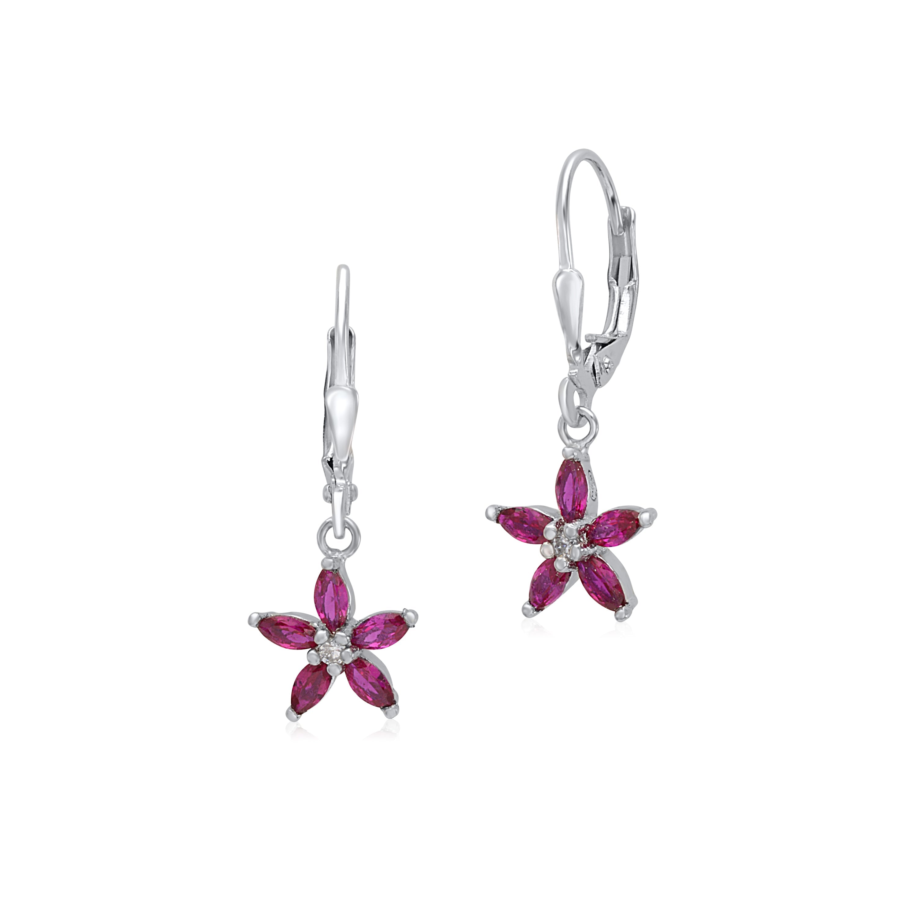 Sterling Silver 925 Leverback Earrings 5 Petal Flower with Cubic Zirconia Italy