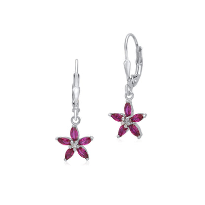 Sterling Silver 925 Leverback Earrings 5 Petal Flower with Cubic Zirconia Italy