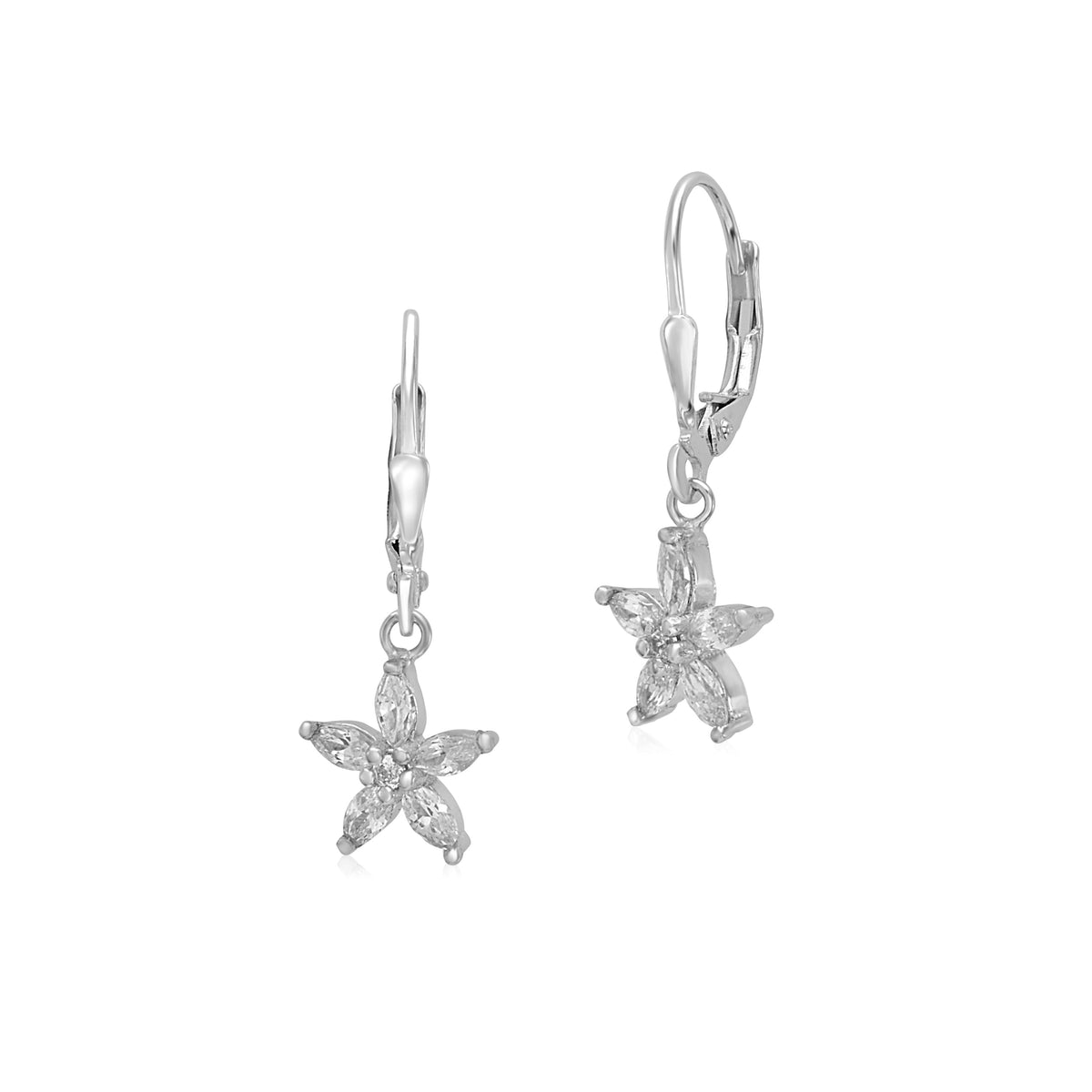 Sterling Silver 925 Leverback Earrings 5 Petal Flower with Cubic Zirconia Italy