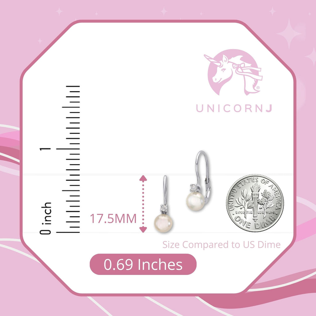Sterling Silver 925 Cultured Pearl Button Leverback Earrings with Cubic Zirconia 6mm Italy