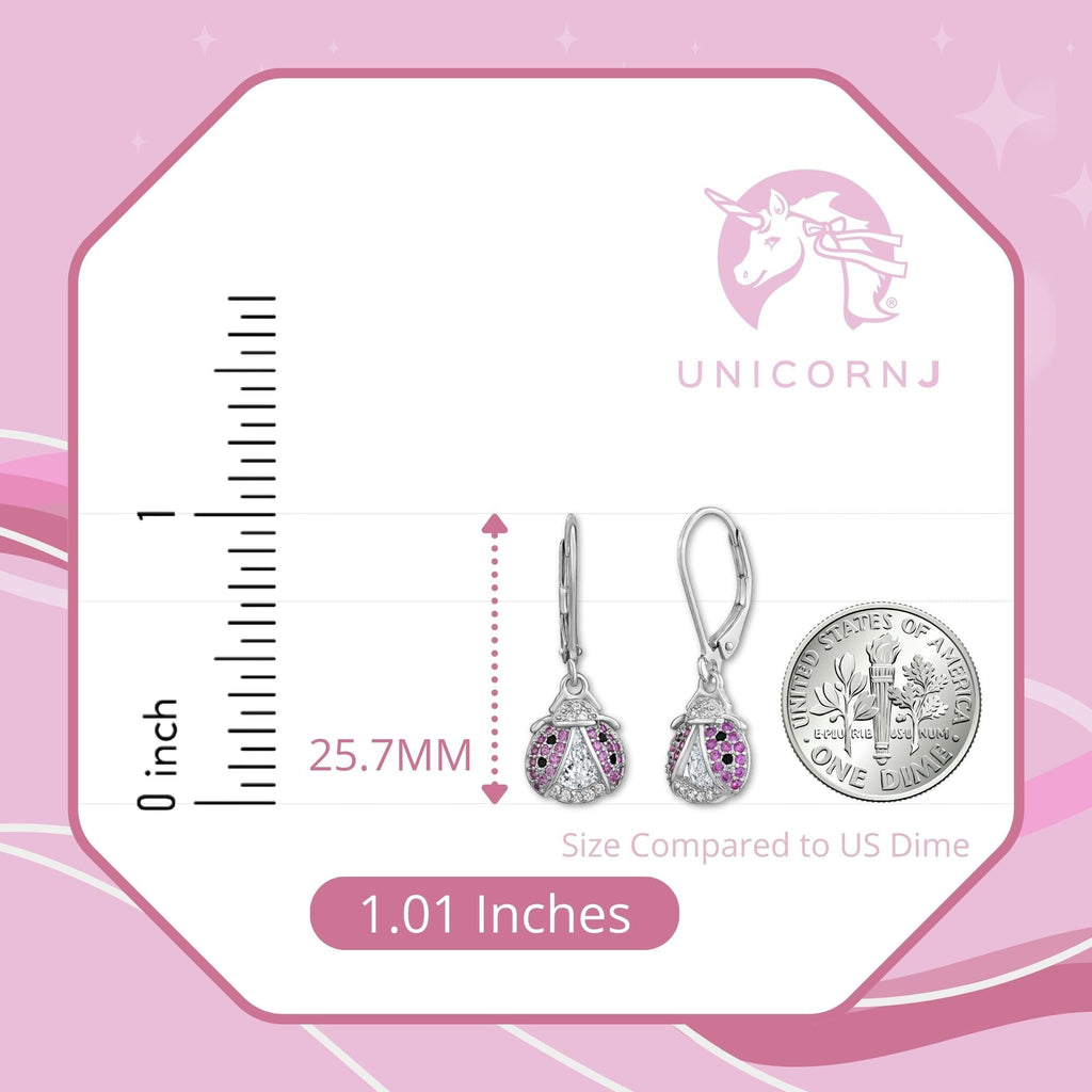 Sterling Silver 925 Large Ladybug Dangle Leverback Earrings with Pave Cubic Zirconia Italy