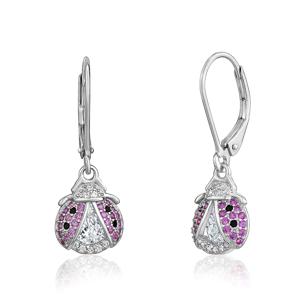 Sterling Silver 925 Large Ladybug Dangle Leverback Earrings with Pave Cubic Zirconia Italy