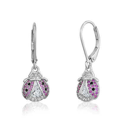 Sterling Silver 925 Large Ladybug Dangle Leverback Earrings with Pave Cubic Zirconia Italy