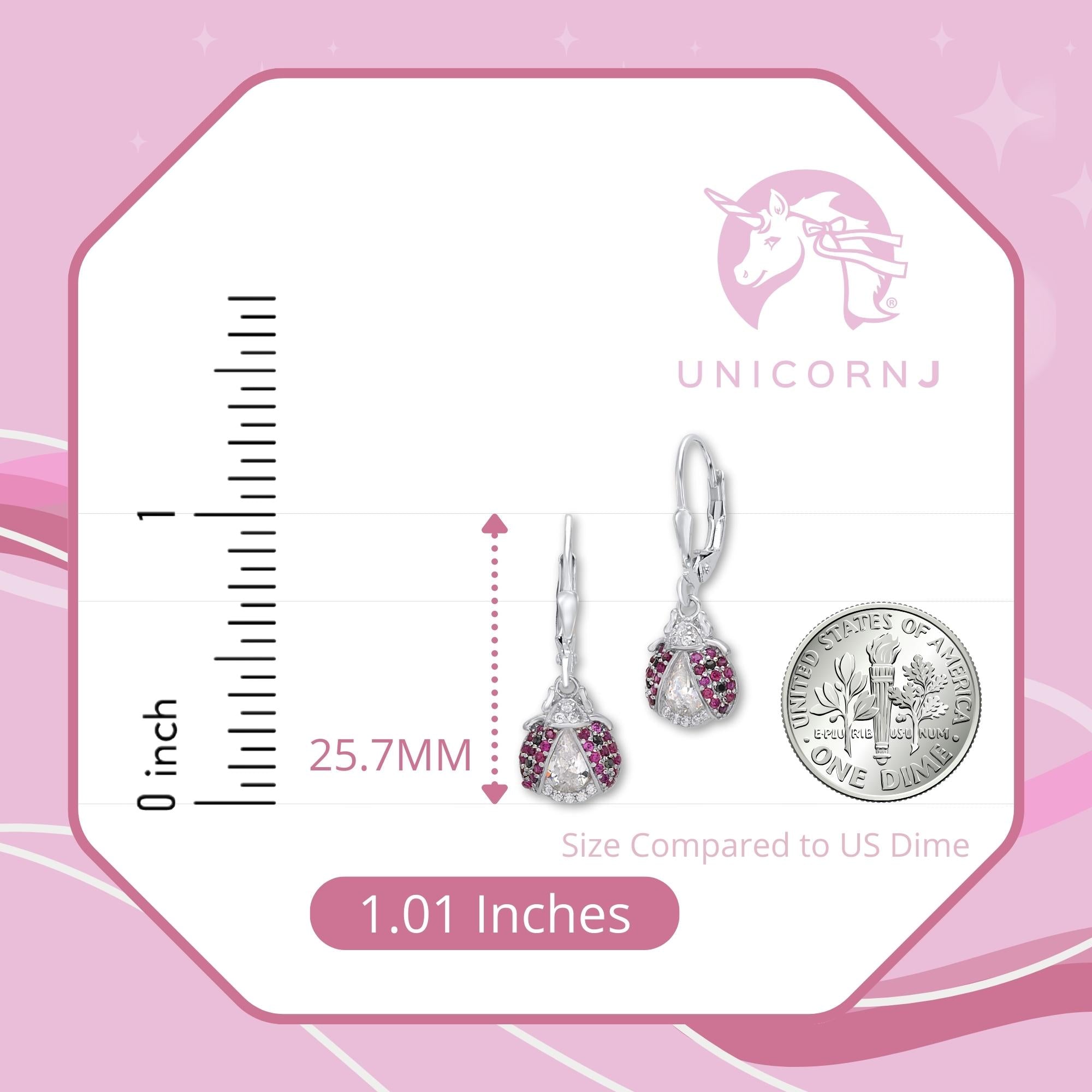 Sterling Silver 925 Large Ladybug Dangle Leverback Earrings with Pave Cubic Zirconia Italy