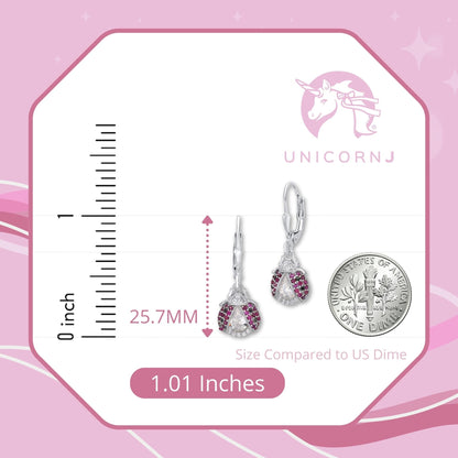 Sterling Silver 925 Large Ladybug Dangle Leverback Earrings with Pave Cubic Zirconia Italy