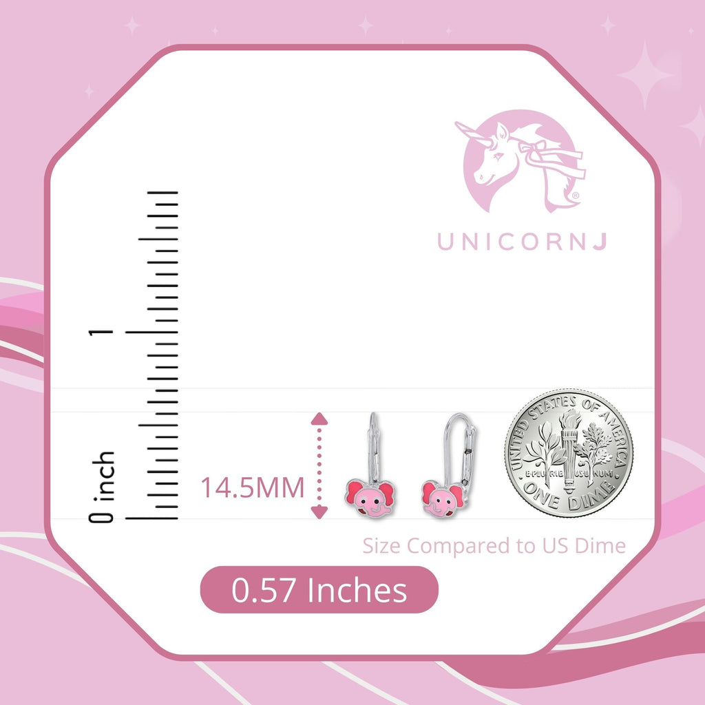 Childrens Sterling Silver 925 Cute Elephant Earrings Leverback with Pink Enamel