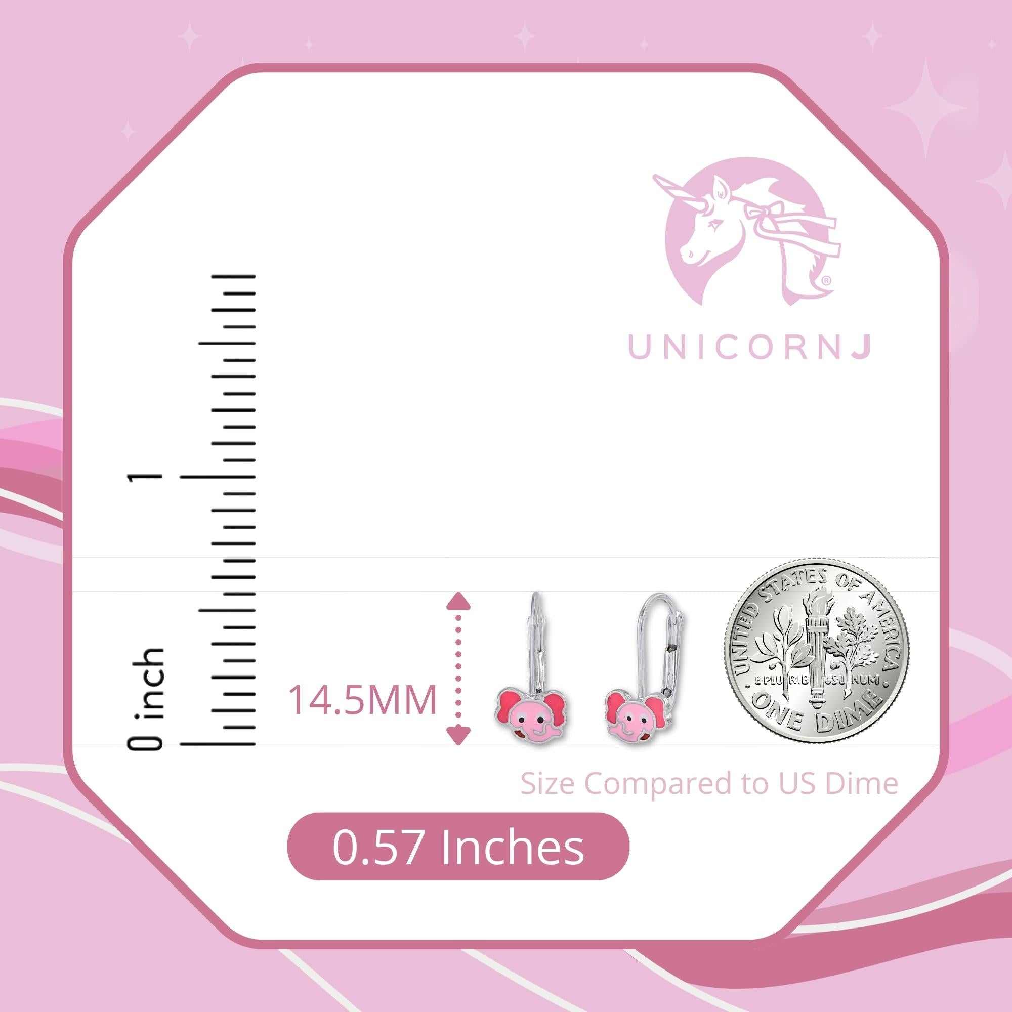 Childrens Sterling Silver 925 Cute Elephant Earrings Leverback with Pink Enamel