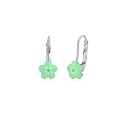 Childrens Sterling Silver 925 Cute Flower Earrings Leverback with Enamel