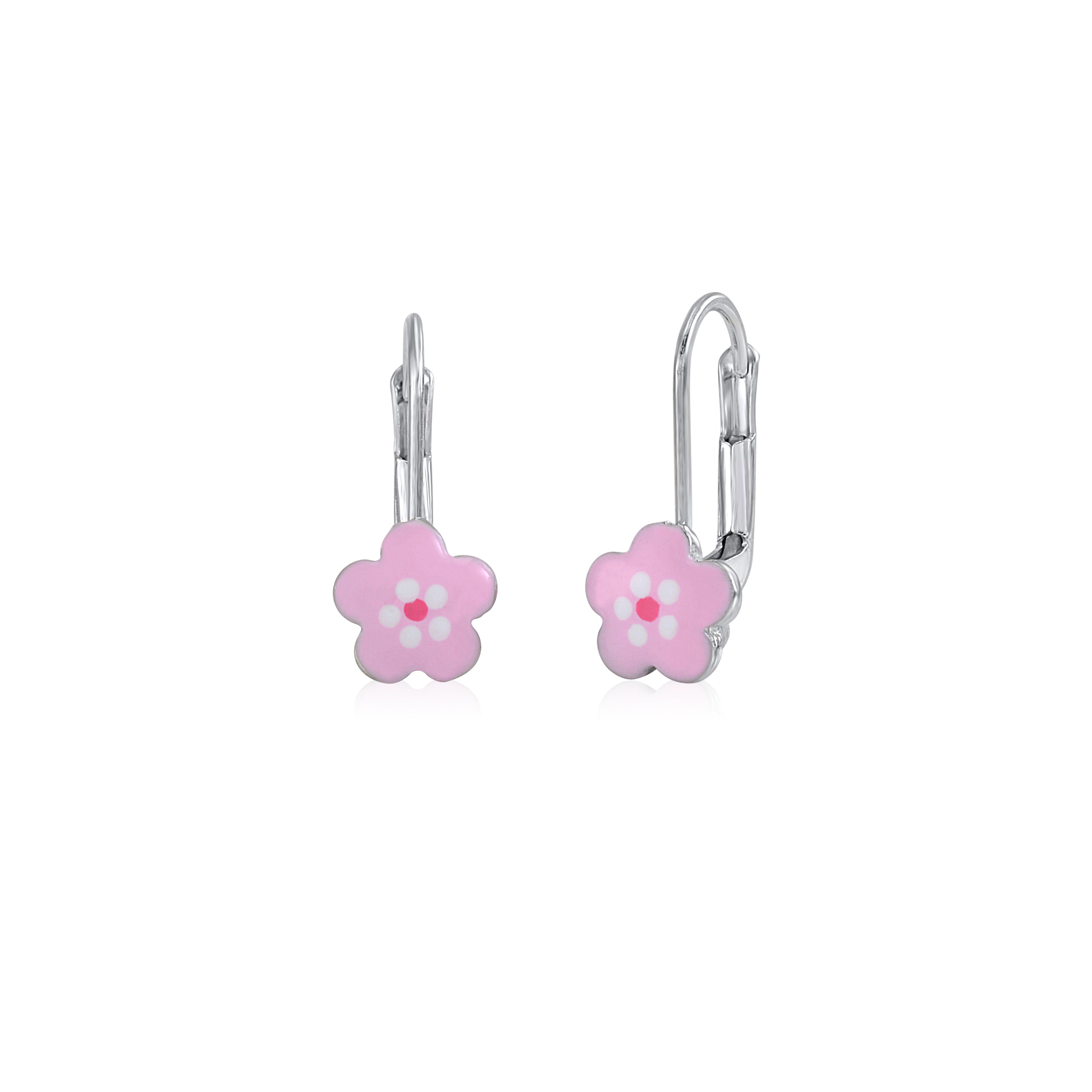 Childrens Sterling Silver 925 Cute Flower Earrings Leverback with Enamel