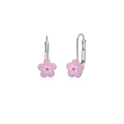 Childrens Sterling Silver 925 Cute Flower Earrings Leverback with Enamel