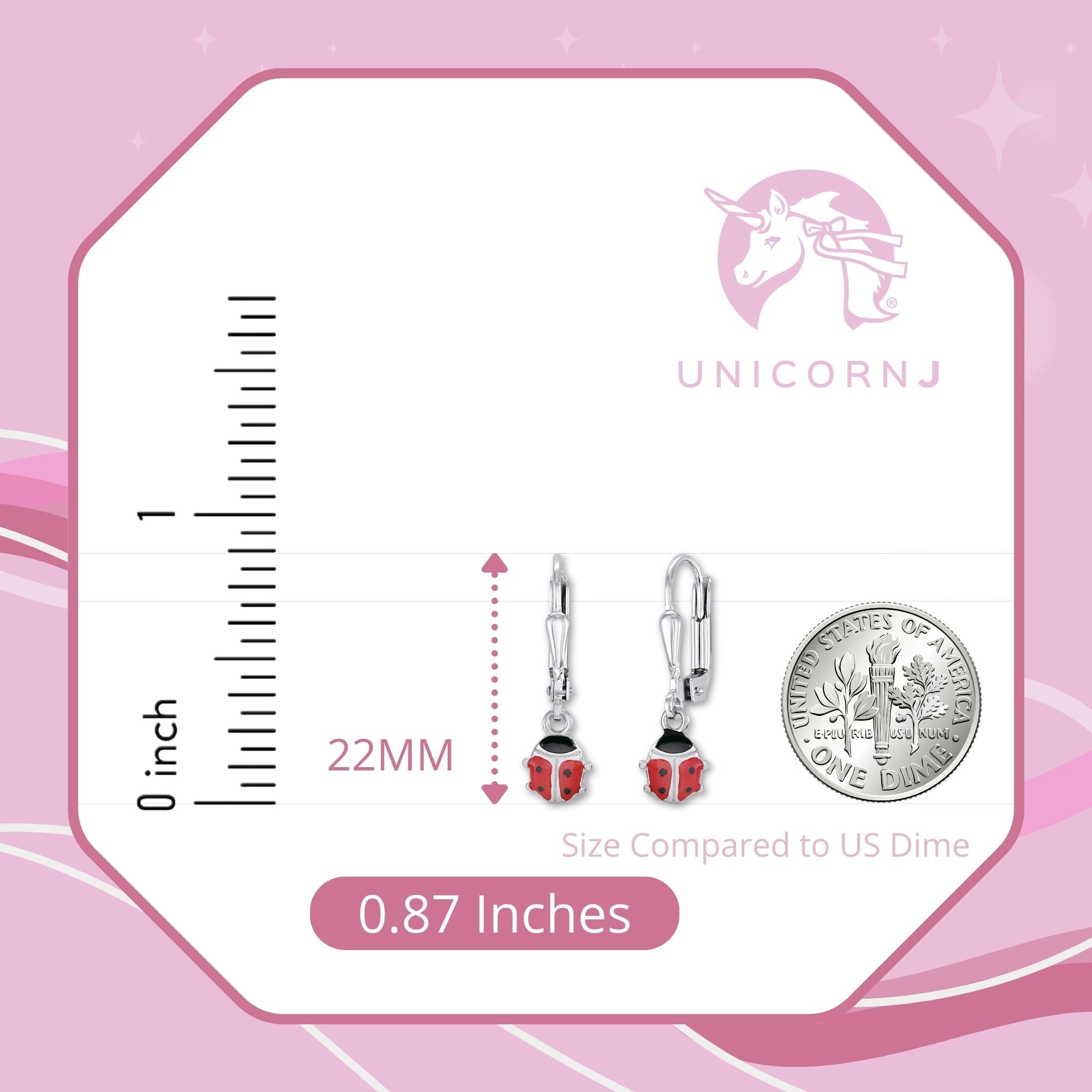 Childrens Sterling Silver 925 Ladybug Earrings Leverback Dangle with Enamel