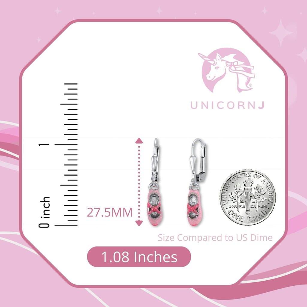 Childrens Sterling Silver 925 Ballet Slippers Earrings Leverback Dangle with Pink Enamel