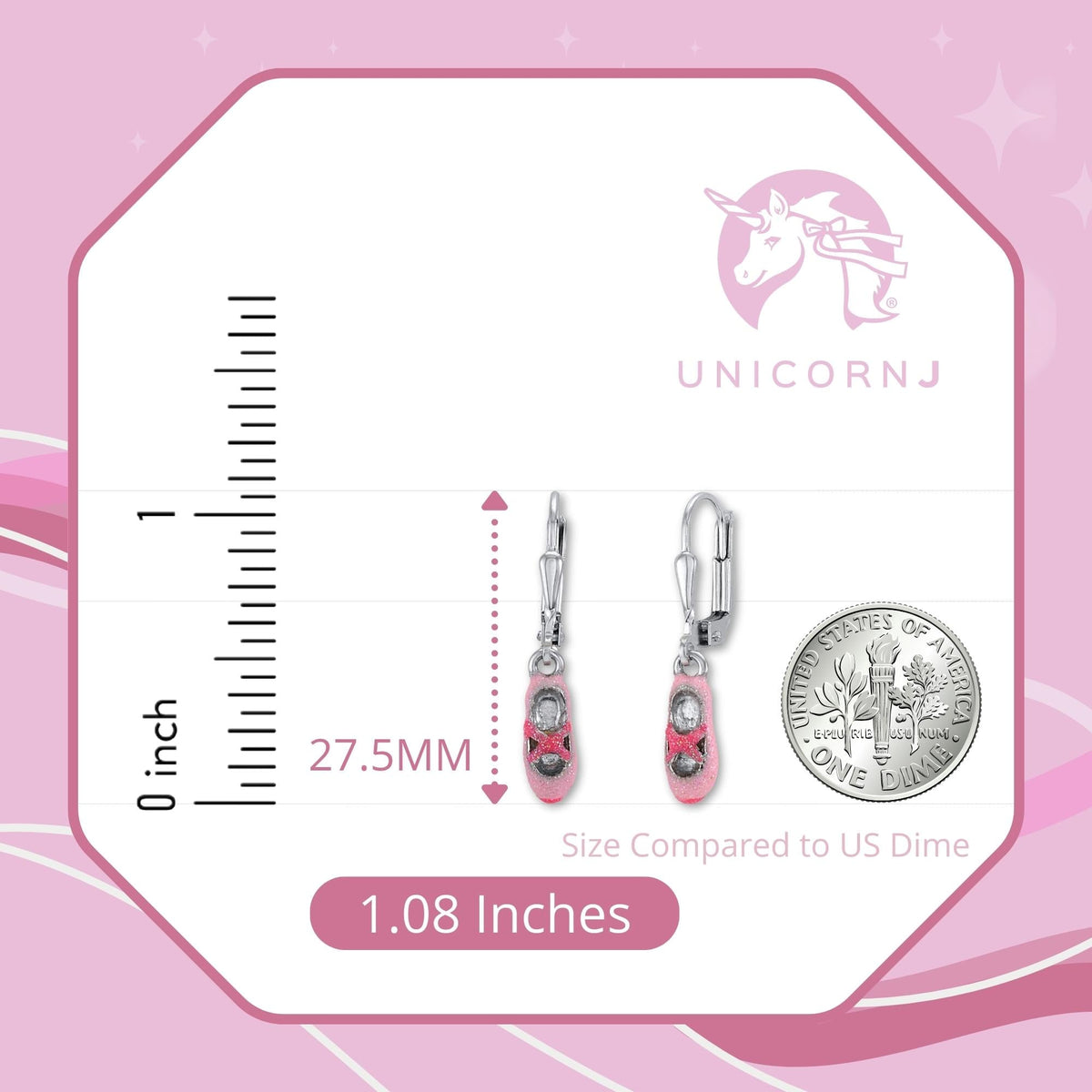 Childrens Sterling Silver 925 Ballet Slippers Earrings Leverback Dangle with Pink Enamel