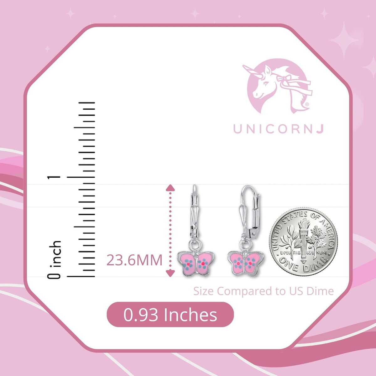UNICORNJ Childrens Sterling Silver 925 Butterfly Leverback Earrings Dangle with Pink Enamel