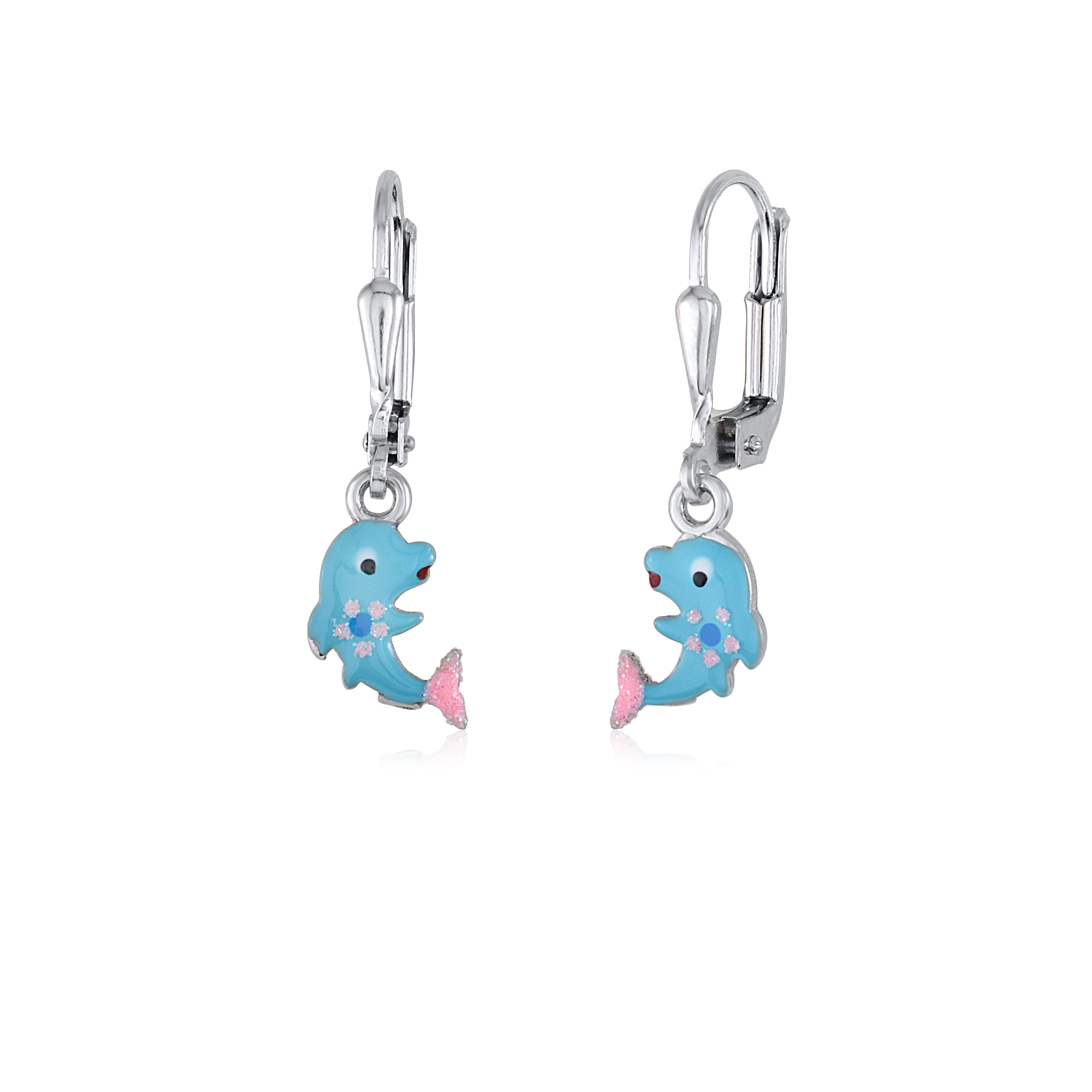 Childrens Sterling Silver 925 Cute Dolphin Earrings Leverback Dangle with Blue or Pink Enamel