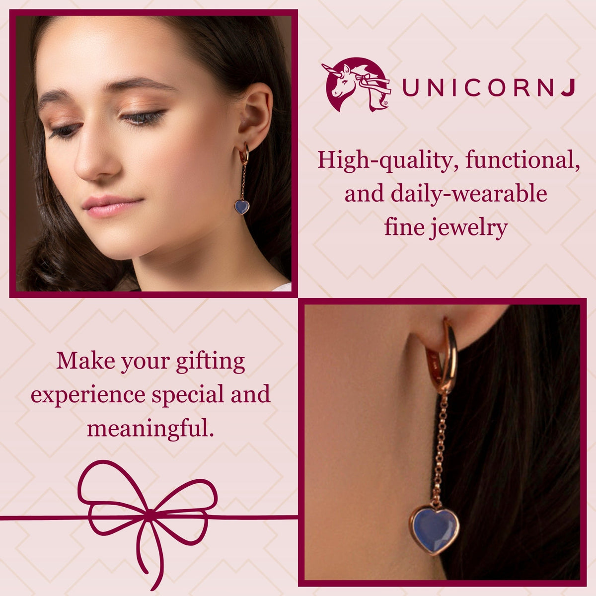 UNICORNJ Sterling Silver Rose Gold Plated Heart Leverback Earrings Long Dangle Drop with Simulated Stone