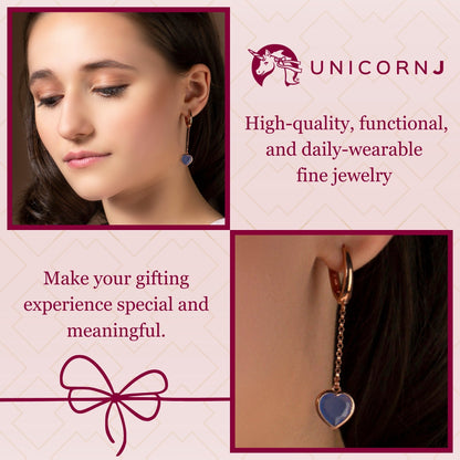 UNICORNJ Sterling Silver Rose Gold Plated Heart Leverback Earrings Long Dangle Drop with Simulated Stone