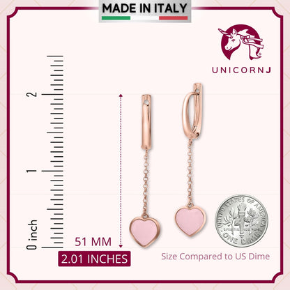 UNICORNJ Sterling Silver Rose Gold Plated Heart Leverback Earrings Long Dangle Drop with Simulated Stone