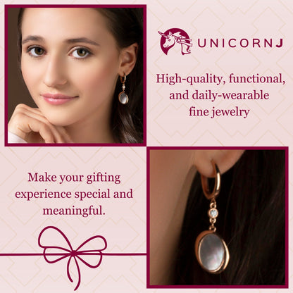 Sterling Silver Leverback Earrings with Bezel Set CZ and Modern Oval Mother of Pearl Dangle