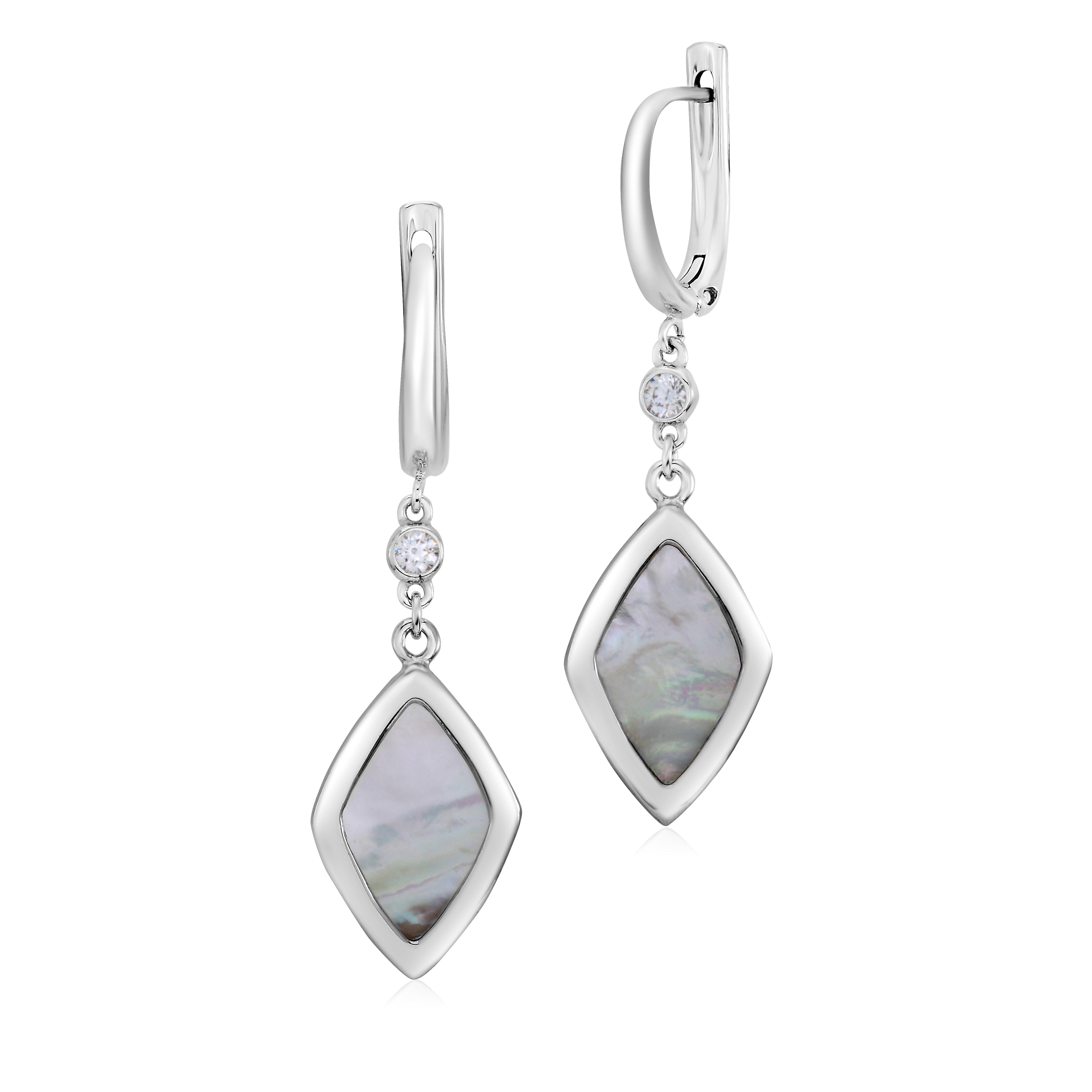 Sterling Silver Leverback Earrings with Bezel Set CZ and Mother of Pearl Dangle