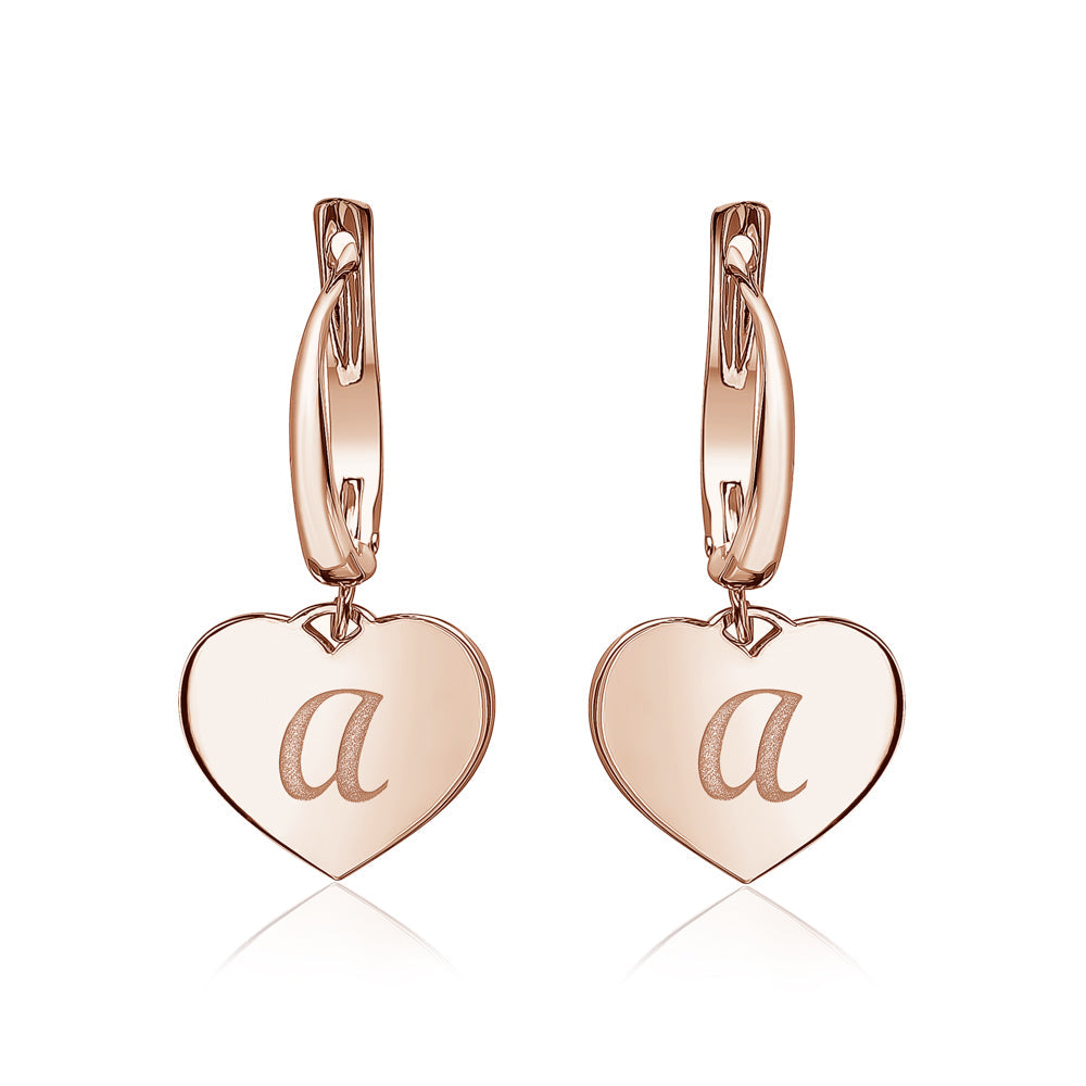 Sterling Silver Rose Gold Plated Girls Heart Dangle Leverback Earrings Initial Engraved Letters A-Z