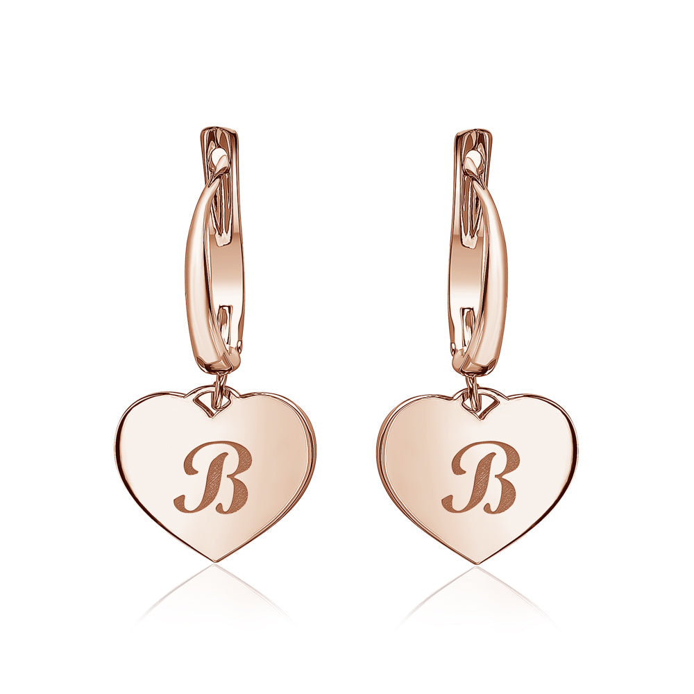 Sterling Silver Rose Gold Plated Girls Heart Dangle Leverback Earrings Initial Engraved Letters A-Z