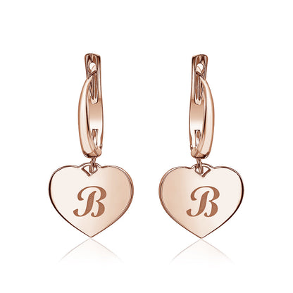 Sterling Silver Rose Gold Plated Girls Heart Dangle Leverback Earrings Initial Engraved Letters A-Z