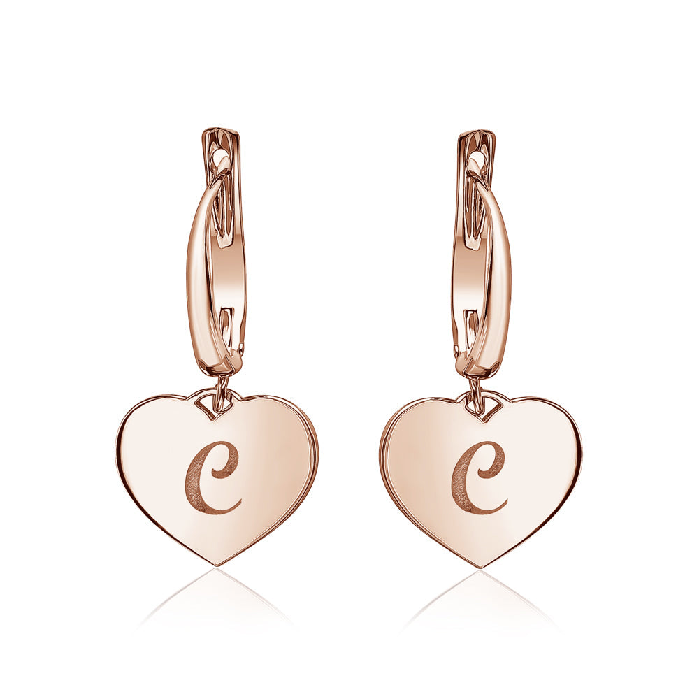 Sterling Silver Rose Gold Plated Girls Heart Dangle Leverback Earrings Initial Engraved Letters A-Z