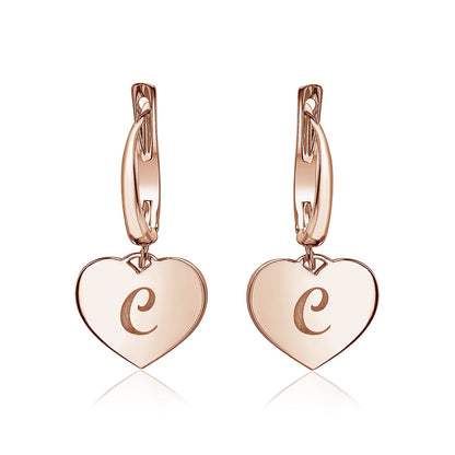 Sterling Silver Rose Gold Plated Girls Heart Dangle Leverback Earrings Initial Engraved Letters A-Z