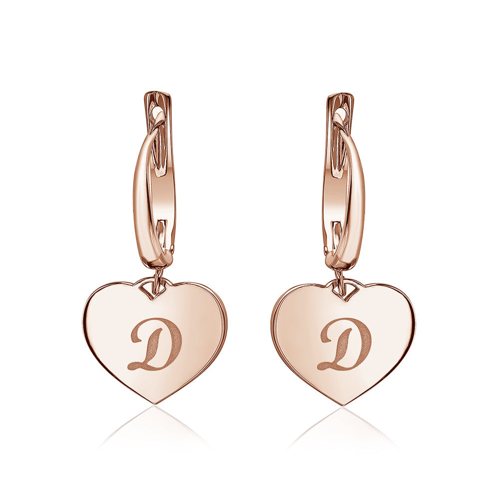 Sterling Silver Rose Gold Plated Girls Heart Dangle Leverback Earrings Initial Engraved Letters A-Z