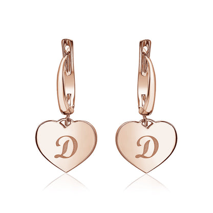 Sterling Silver Rose Gold Plated Girls Heart Dangle Leverback Earrings Initial Engraved Letters A-Z