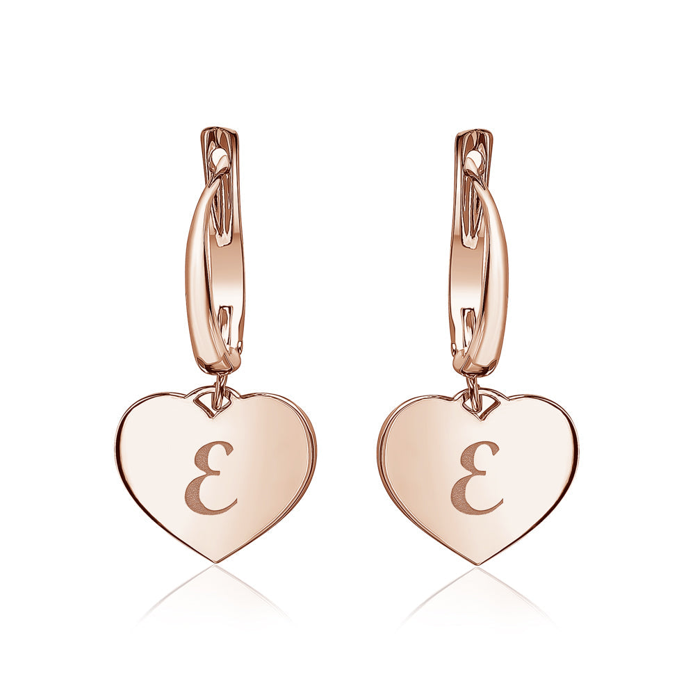 Sterling Silver Rose Gold Plated Girls Heart Dangle Leverback Earrings Initial Engraved Letters A-Z